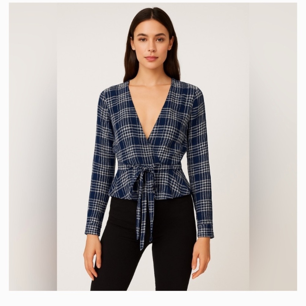 Wilfred Plaid Tie-Waist Wrap Top - Navy